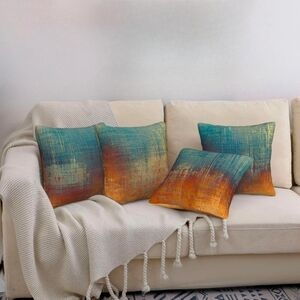 Set of 4 Abstract Boho Blue Orange Soft Velvet Pillow Covers 18 Inch Square Zip